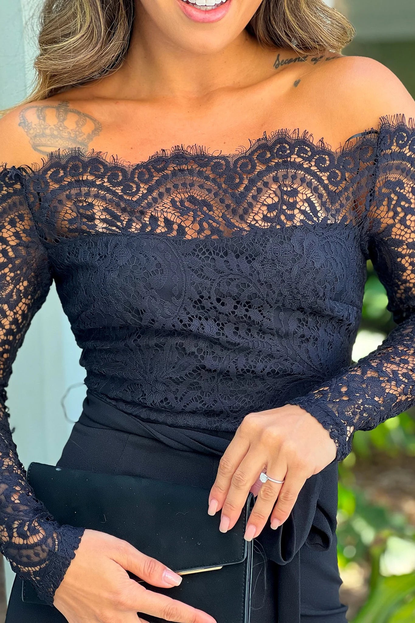 Black Lace Off Shoulder Top Jumpsuit