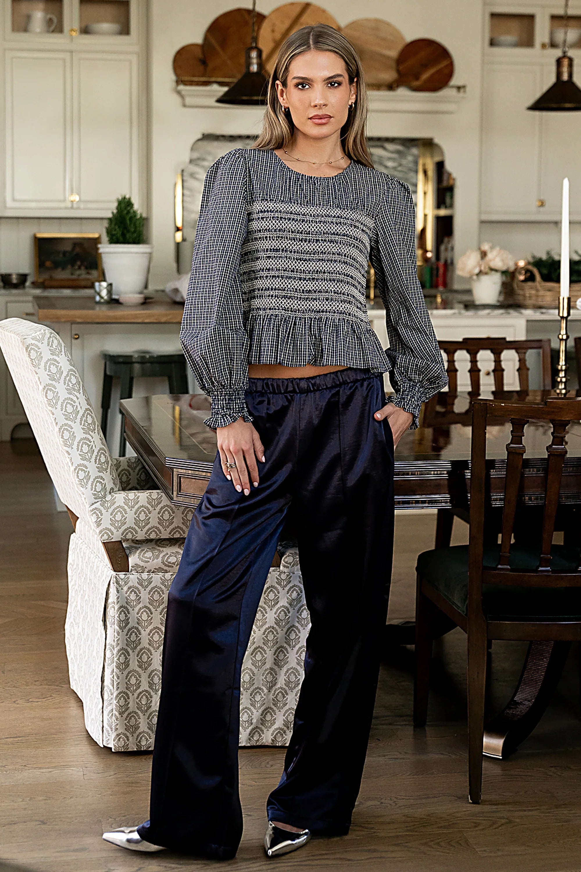 Kesley Smocked Blouse in Navy