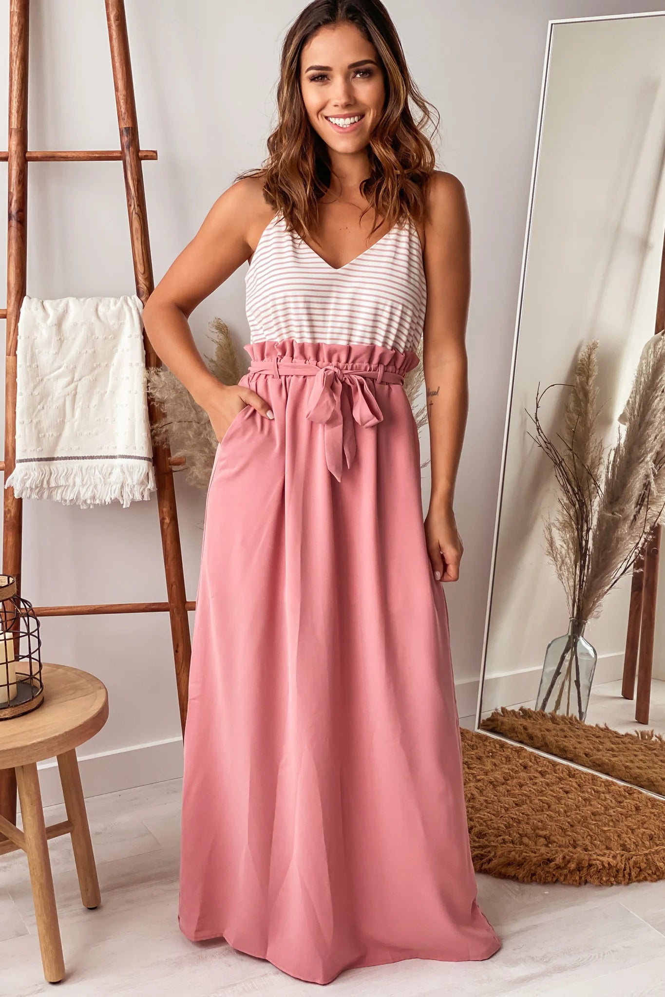 Dusty Pink Striped Maxi Dress with Paper Bag Waistline