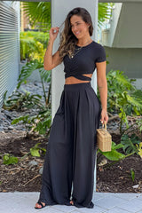 Black Criss Cross Crop Top And Pants Set