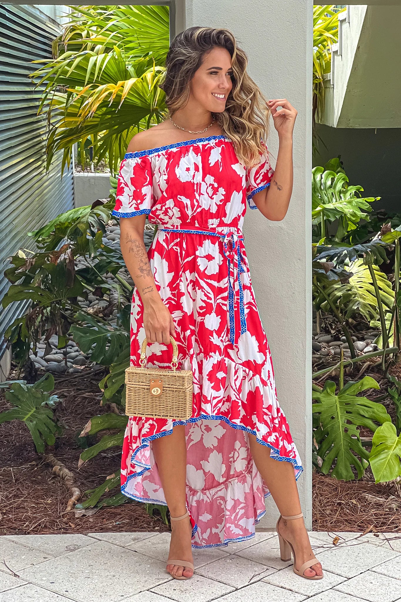 Ivory And Red Printed High Low Dress