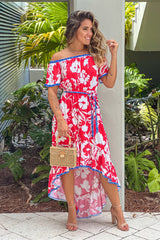 Ivory And Red Printed High Low Dress