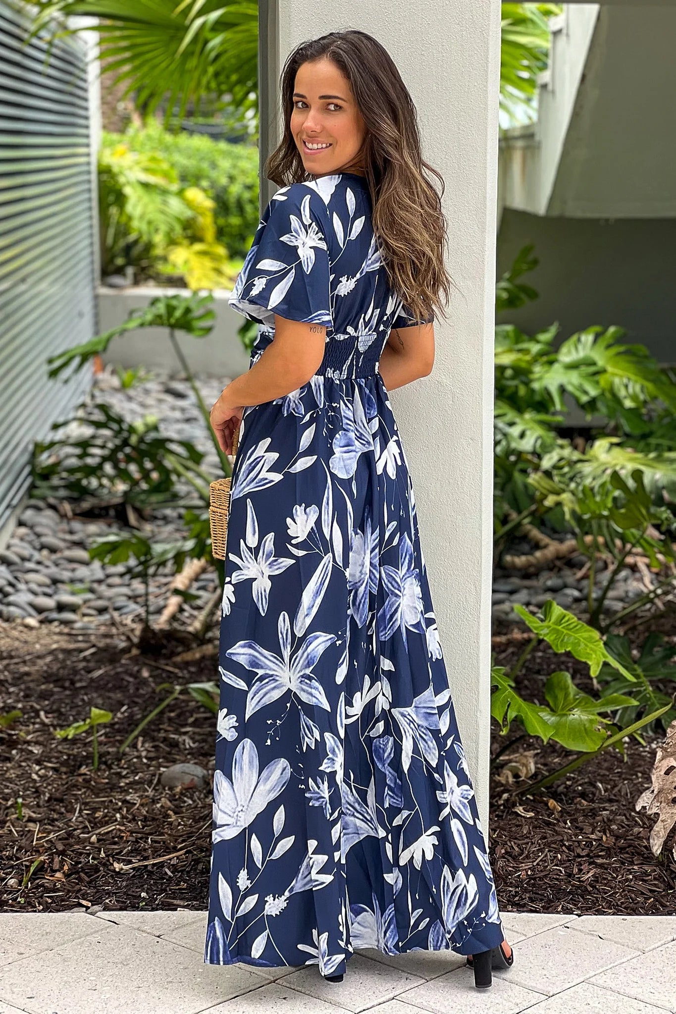 Navy Floral Maxi Dress With Slit