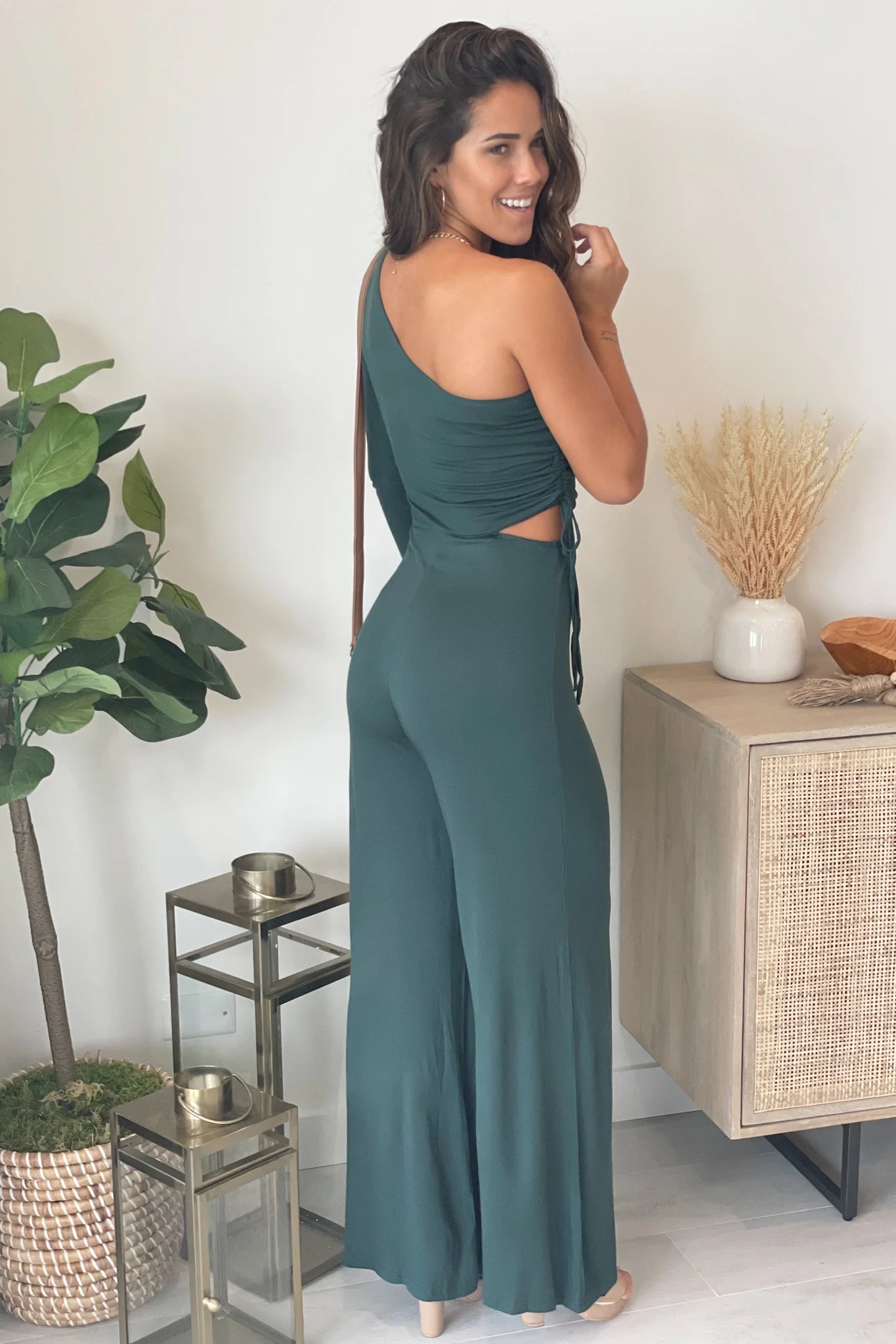 Hunter Green One Shoulder Jumpsuit With Ruched Detail