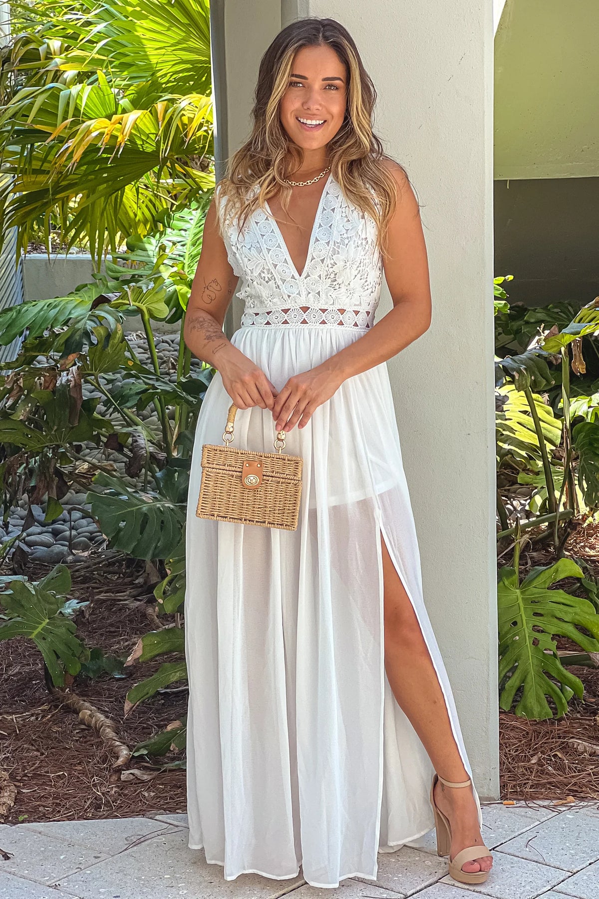 Off White Crochet V Neck Top Maxi Dress With Slit