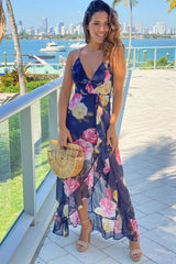 Navy Floral Ruffled Wrap Front Maxi Dress