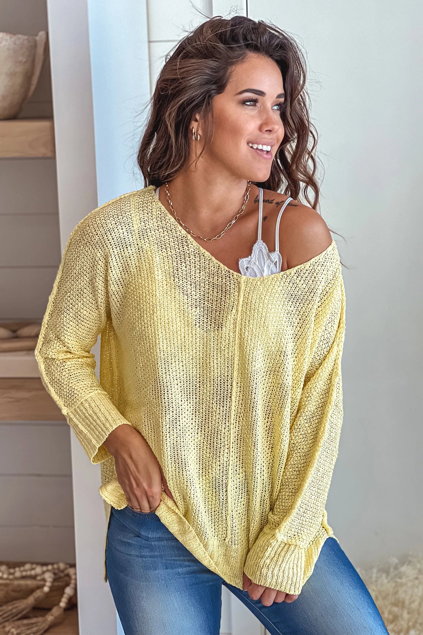 Mellon V Neck Knit Top With Long Sleeves