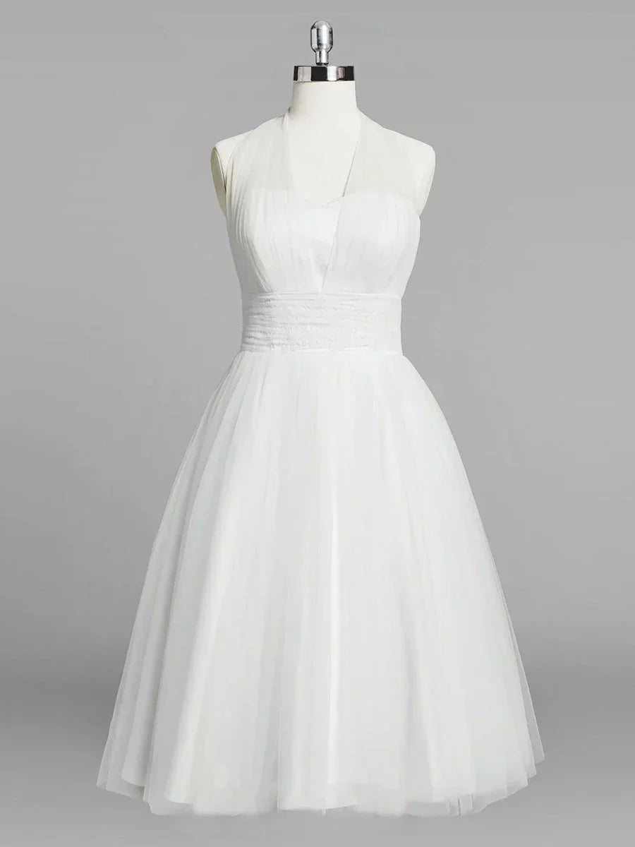 Halter A Line Tea Length Tulle Wedding Dress With Ruching