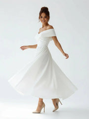 A Line Satin Tea Length White Off the Shoulder Wedding Dress