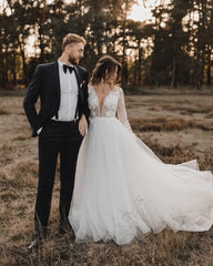Elegant A Line V Neck Tulle Wedding Dresses with Lace