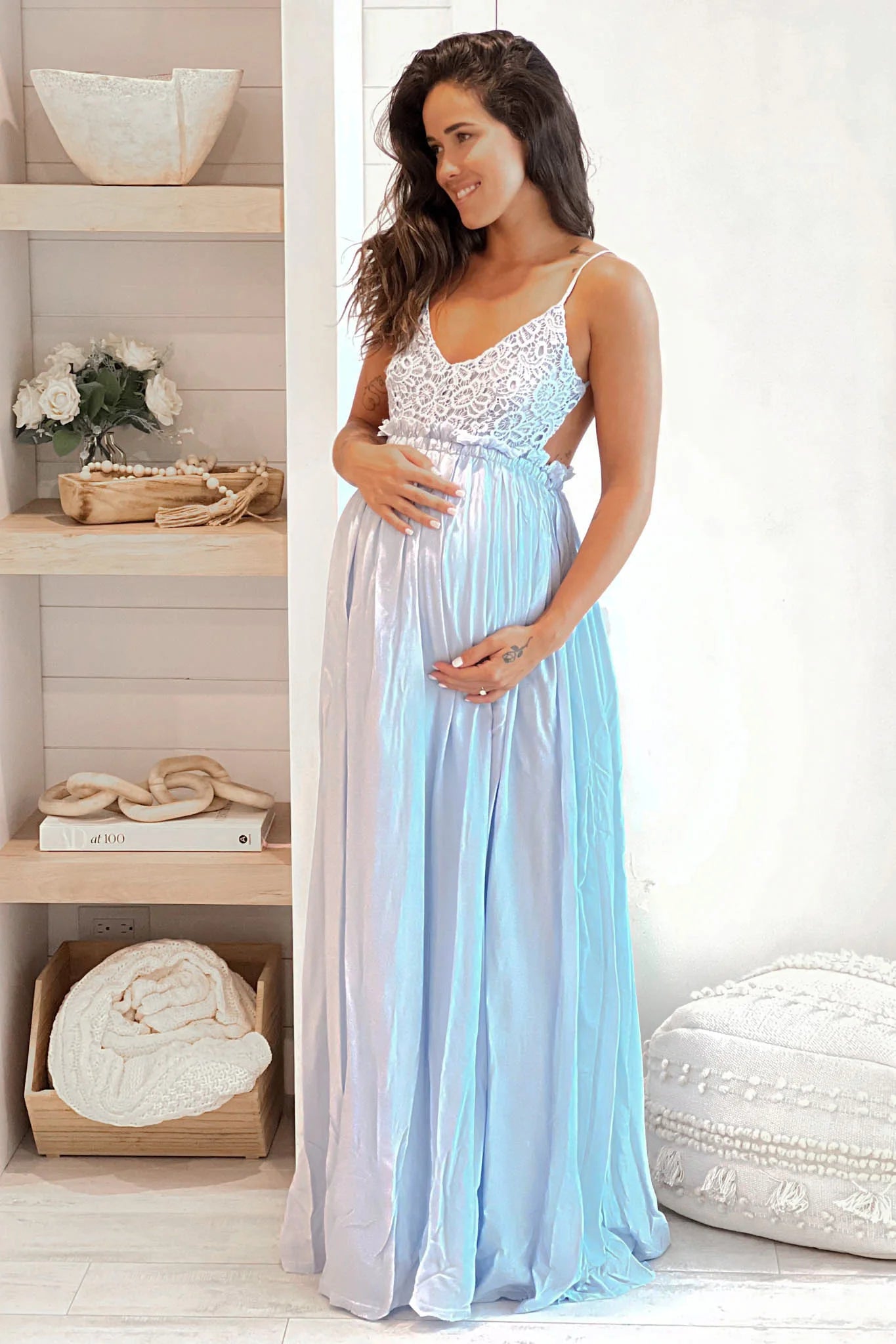 Light Blue Crochet Top Maternity Maxi Dress With Open Back