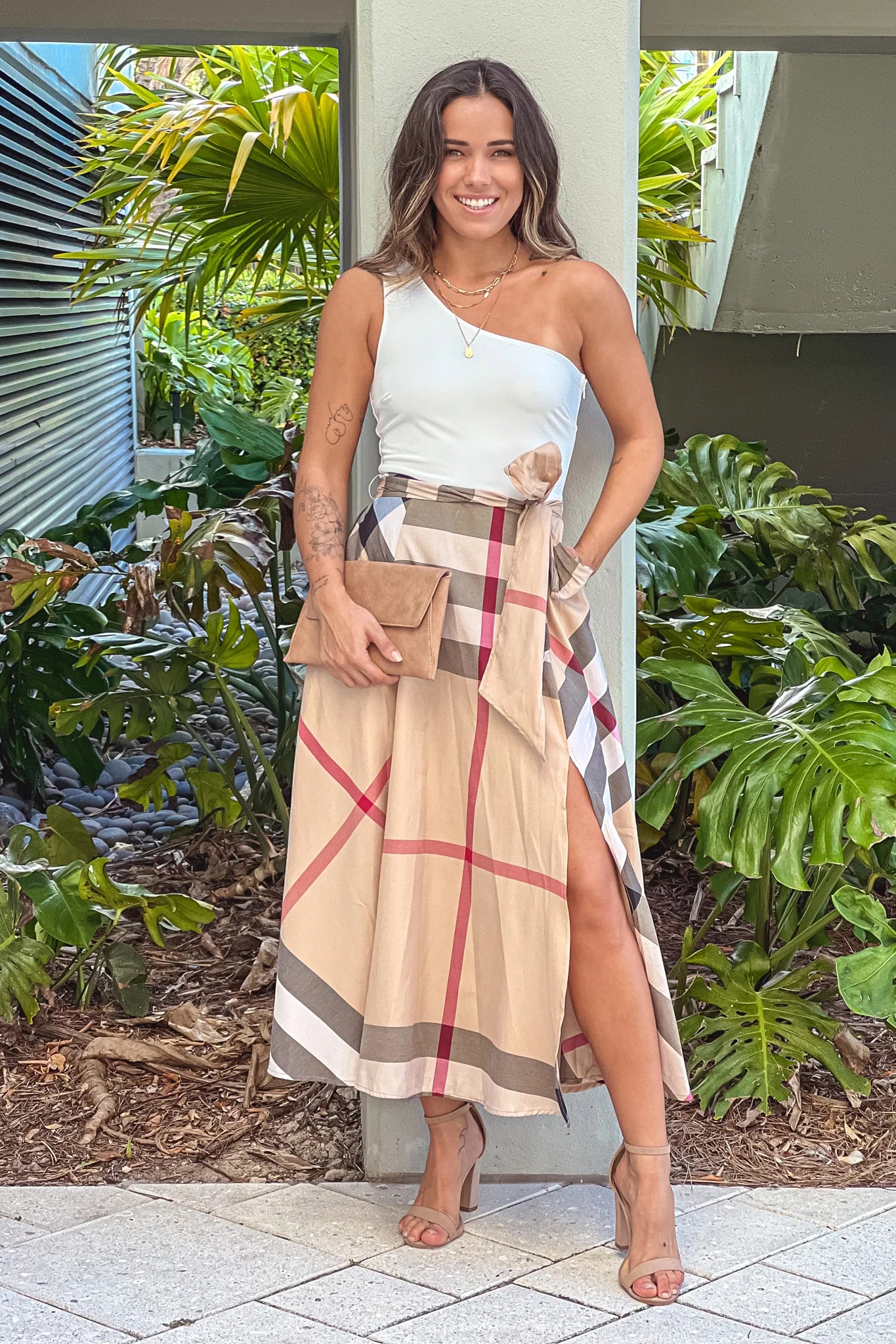 Taupe Printed One Shoulder Midi Dress With Pockets