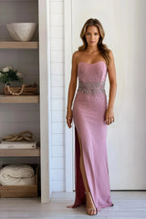 Light Rose Strapless Rhinestone Maxi Dress With Slit