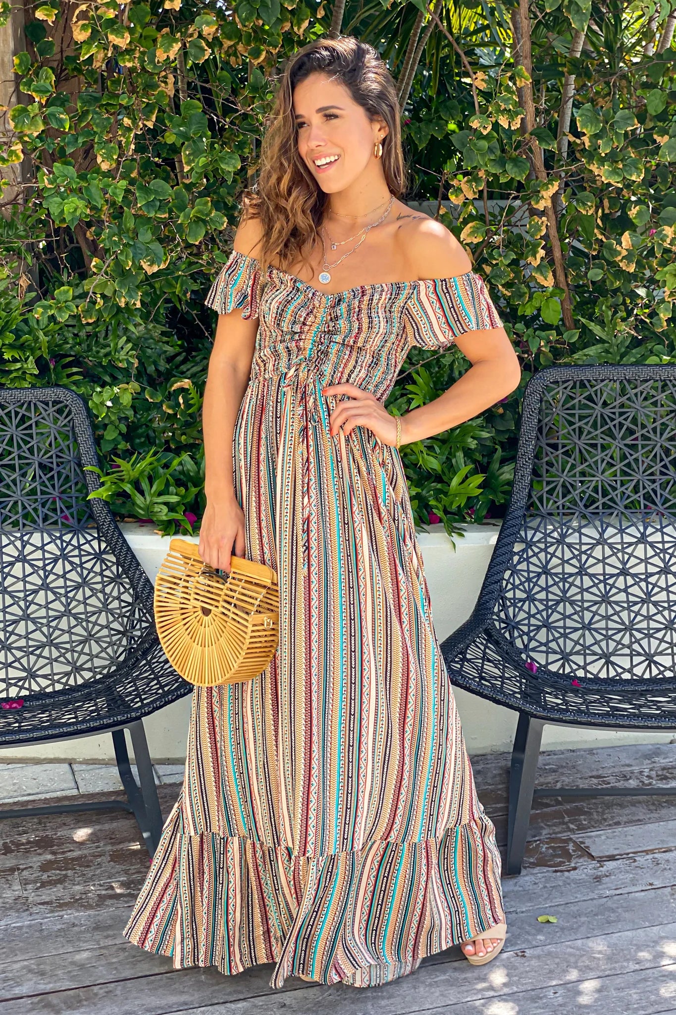 Multicolor Smocked Off Shoulder Maxi Dress