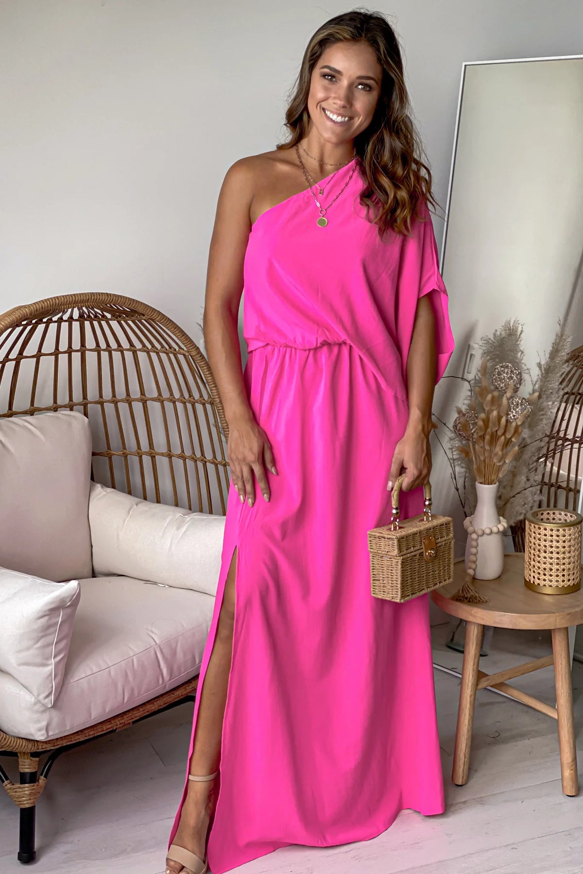 Fuchsia One Shoulder 3 4 Sleeves Maxi Dress