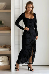 Black Floral Long Sleeve Ruffle Slit Maxi Dress