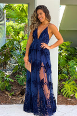 Navy Floral Tulle Maxi Dress