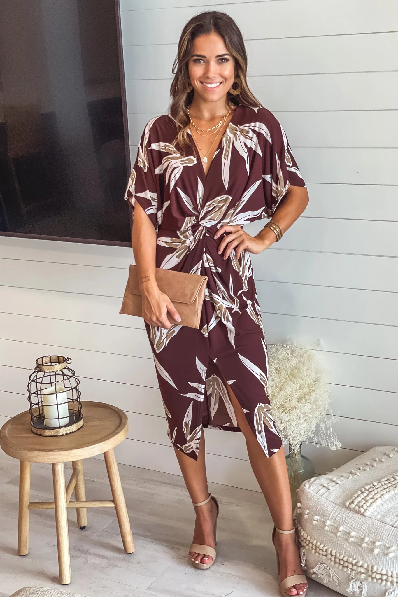 Brown Printed Midi Dress With Knot Front