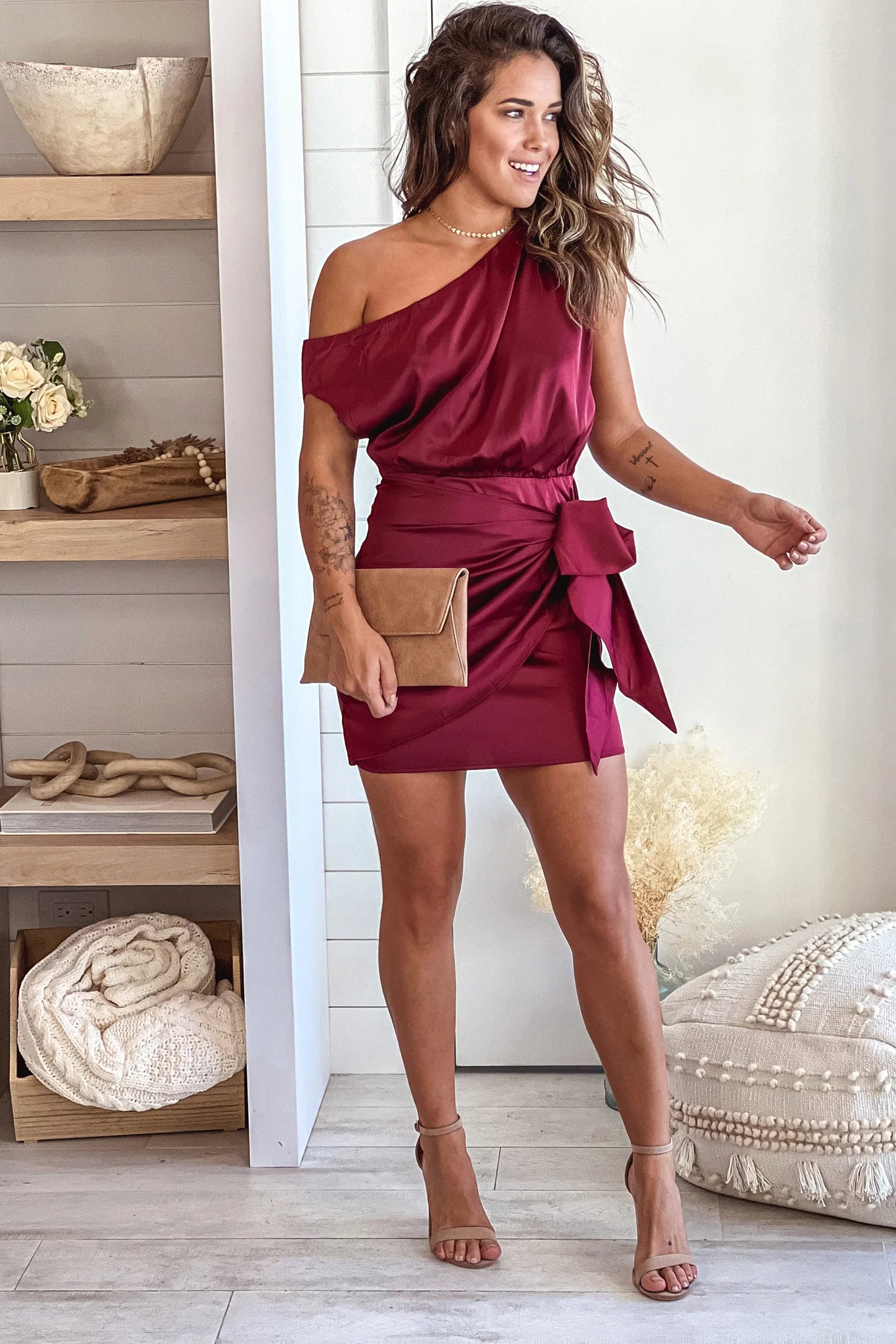 Wine One Shoulder Satin Dress