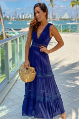 Navy V Neck Maxi Dress With Lace Trim