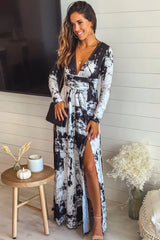 Black And White Printed V Neck Maxi Dress With Long Sleeve And Slit