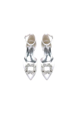 Rhinestone Pointed Toe Ankle Strap Satin Kitten Heels