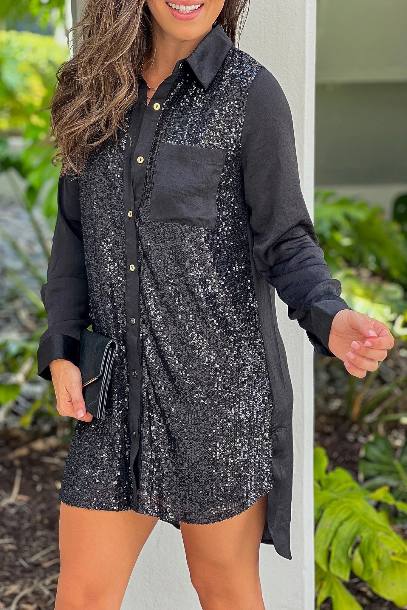 Black Button Down Sequin Shirt Dress