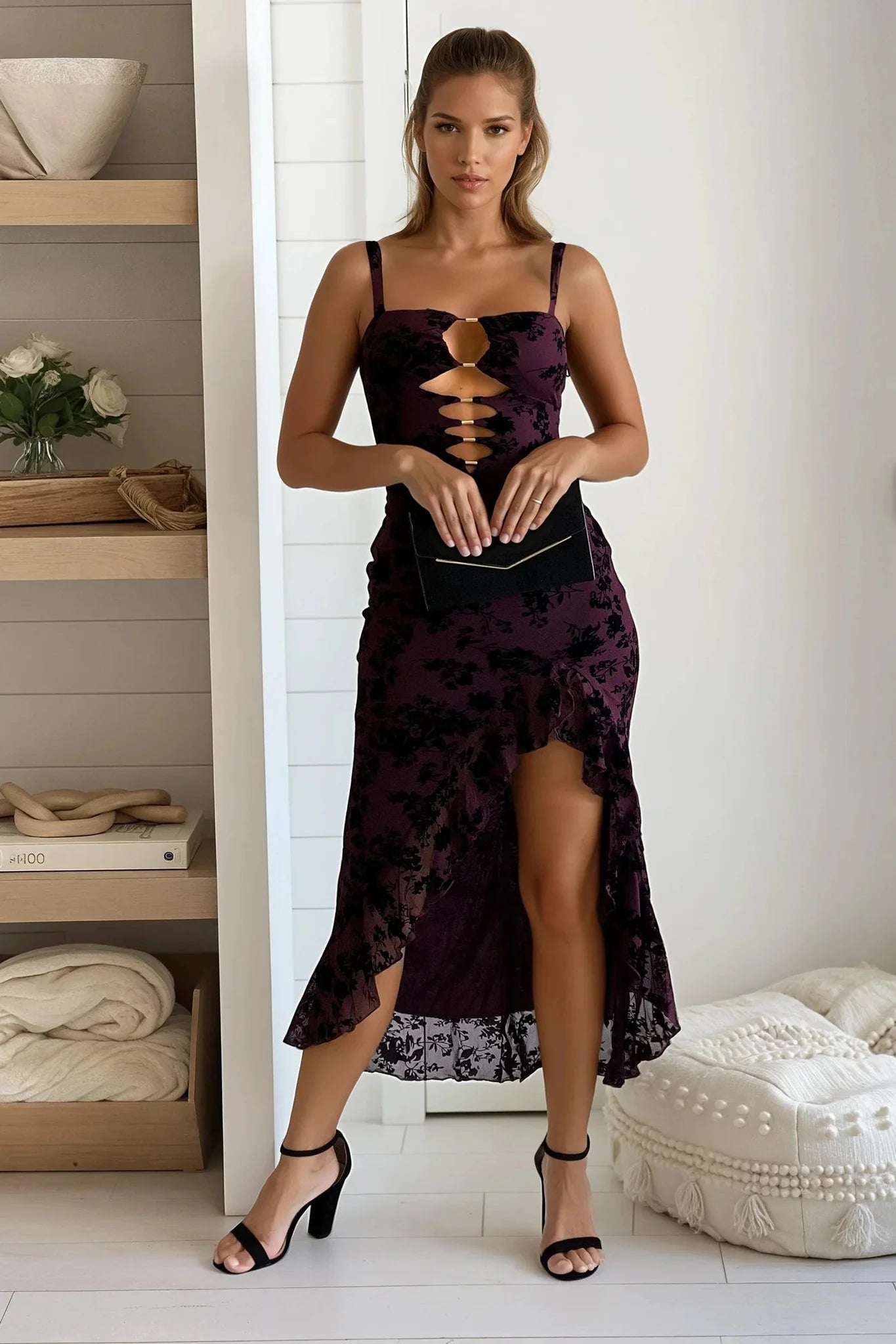 Burgundy Floral Cut Outs Ruffled Slit Dress