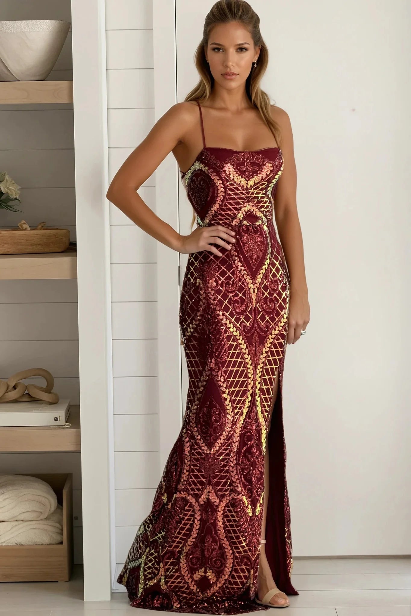 Merlot Sequined Slit Mermaid Maxi Dress