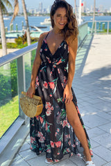 Black Floral Maxi Dress With Slit