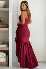 Wine Strapless Ruffled High Low Maxi Dress
