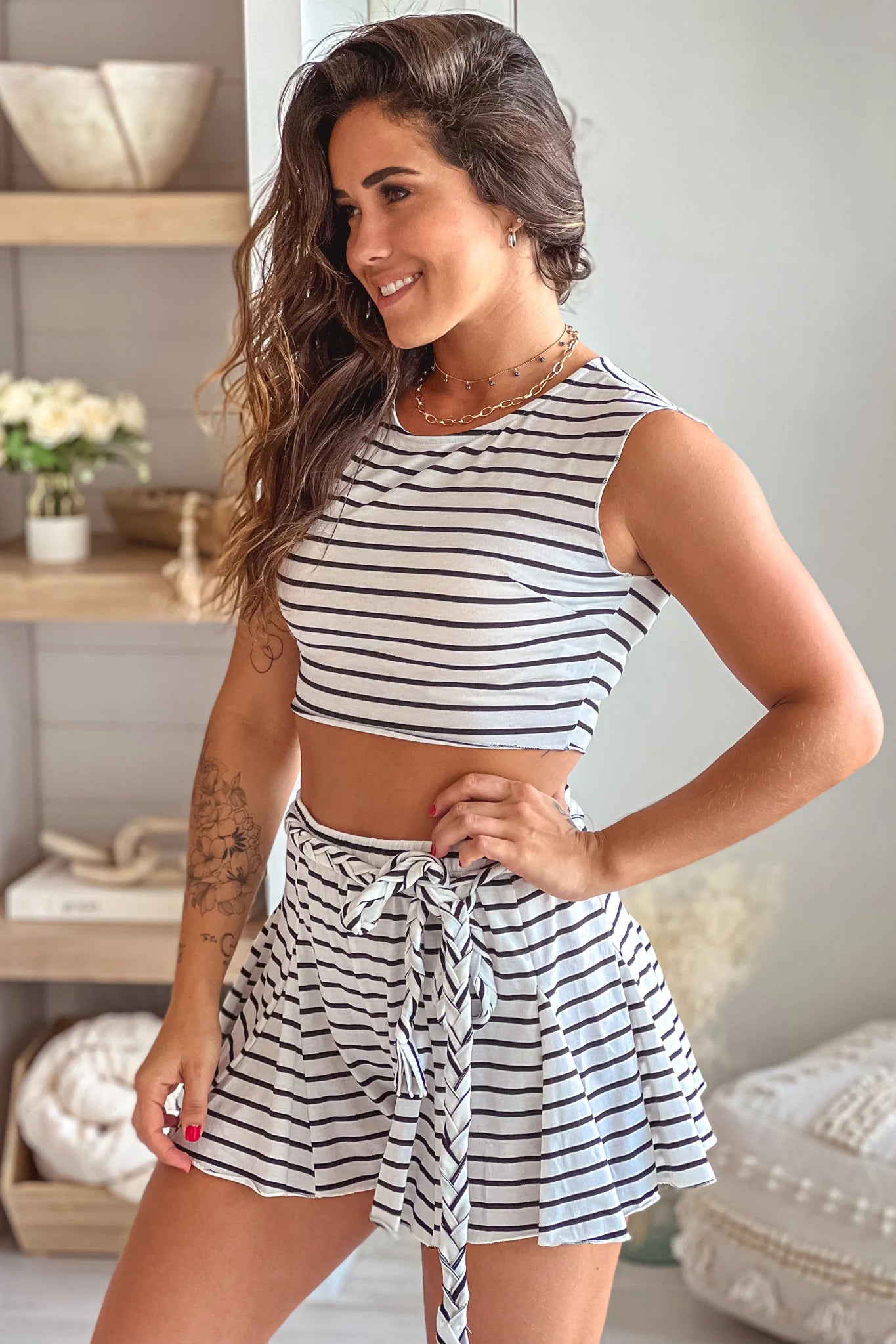 White Striped Top And Shorts Set