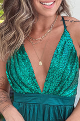 Hunter Green V Neck Sequin Top Maxi Dress