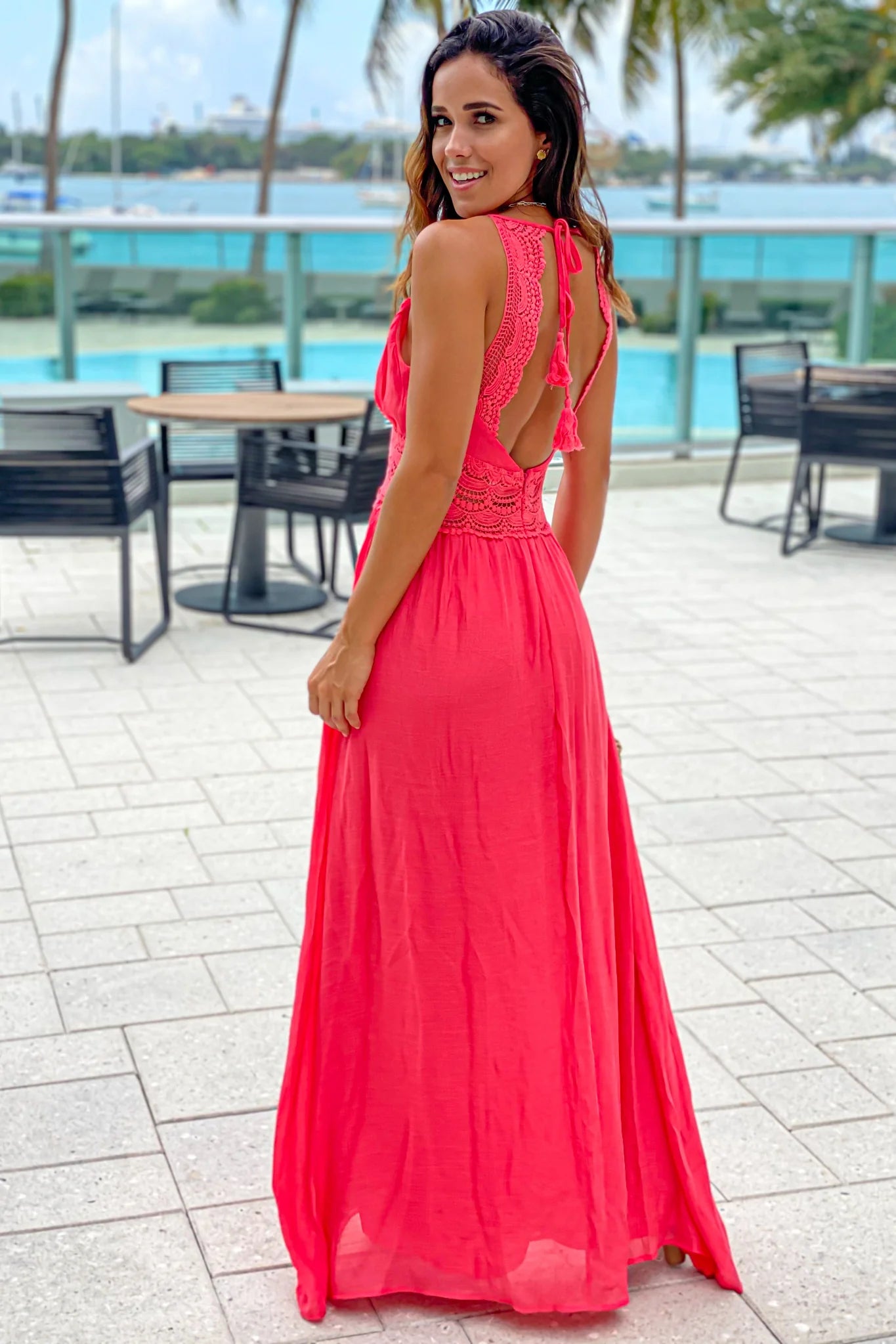 Coral Maxi Dress With Crochet Trim And Lining