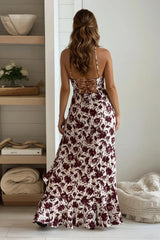 Cream And Burgundy Asymmetrical Floral Maxi Dress