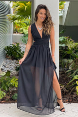 Black V Neck Maxi Dress With Slit And Pleated Top Detail