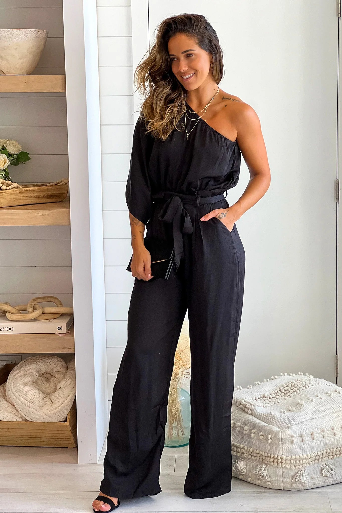 Black One Shoulder Satin Jumpsuit