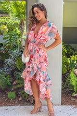 Salmon Floral Ruffled High Low Dress