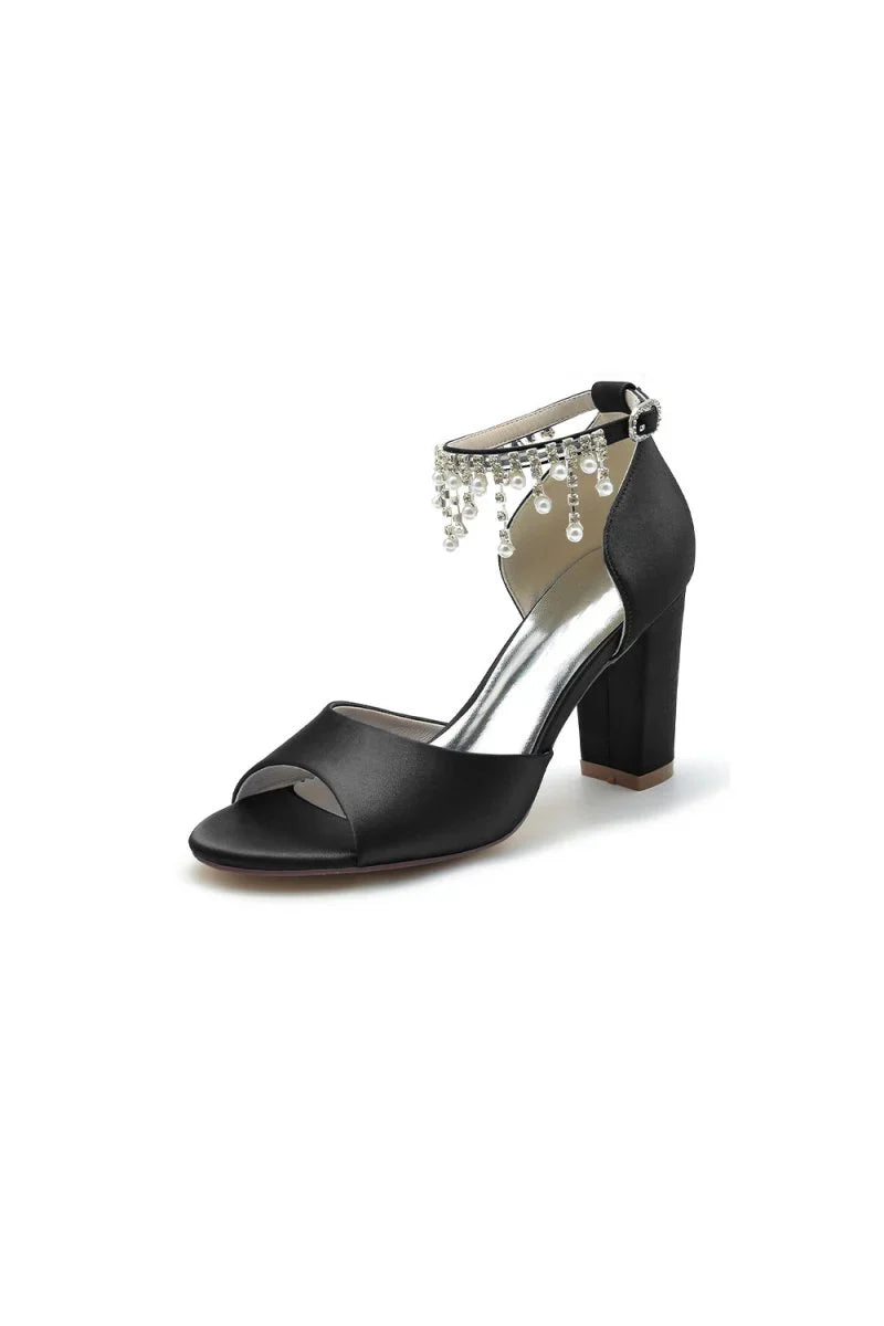 Open Toe Pearl Tassel Satin Chunky Heels