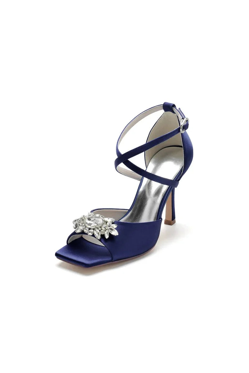 Crystal Buckle Square Open Toe Cross Straps Chunky Heels