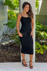 Black Ruched Midi Dress With Zipper Detail