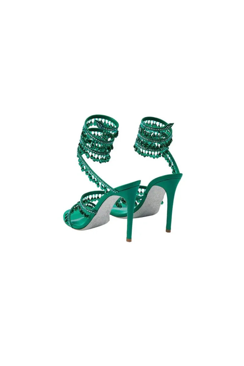 Open Toe Ankle Wrap Beaded Crystal Stiletto Heels