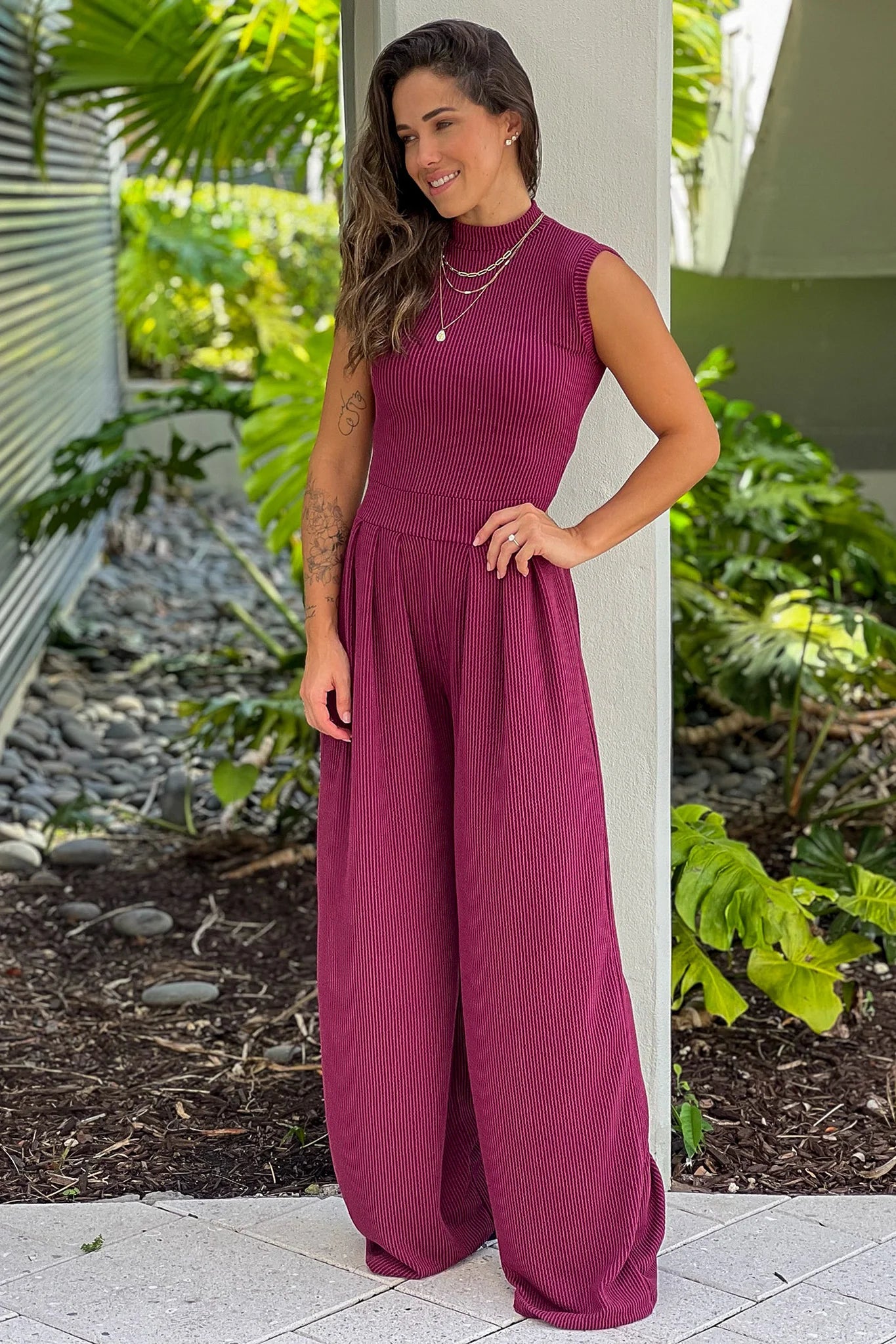 Wine Ribbed Jumpsuit