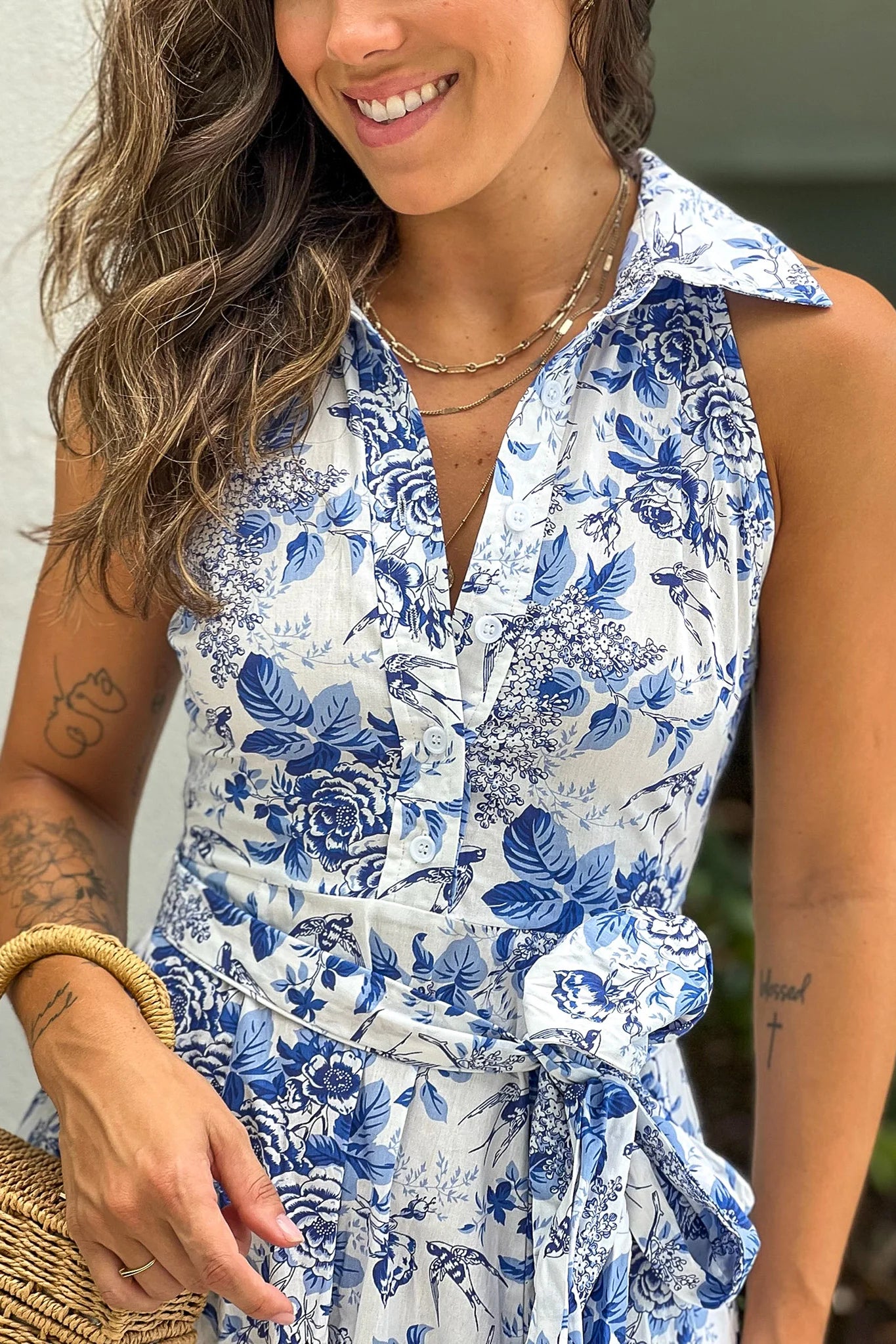 Blue Printed Button Down Dress With Slit