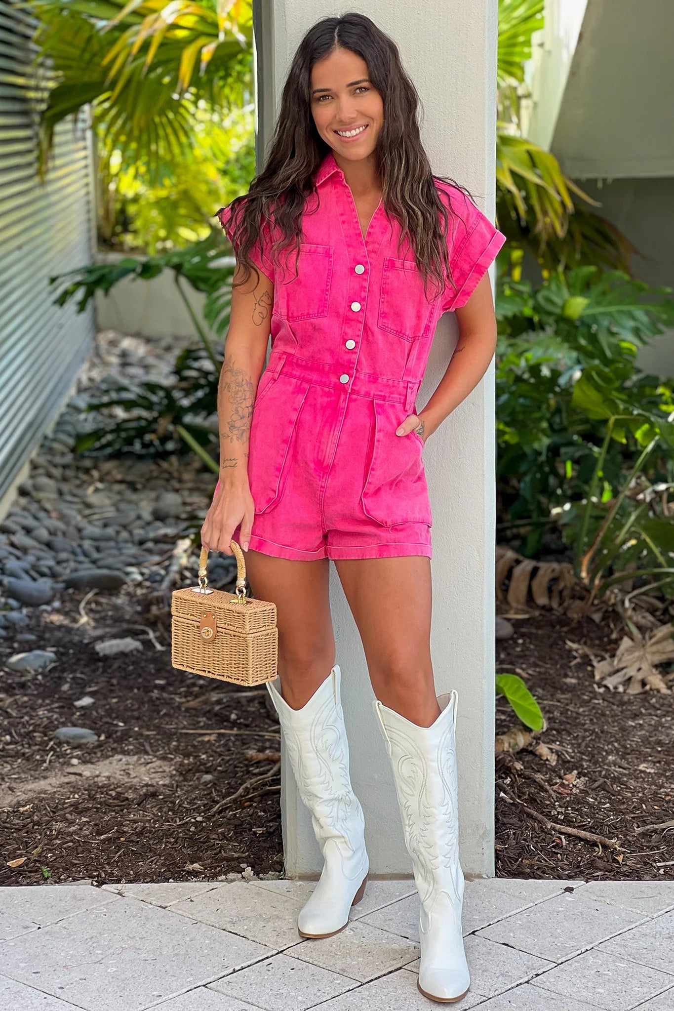 Hot Pink Denim Romper