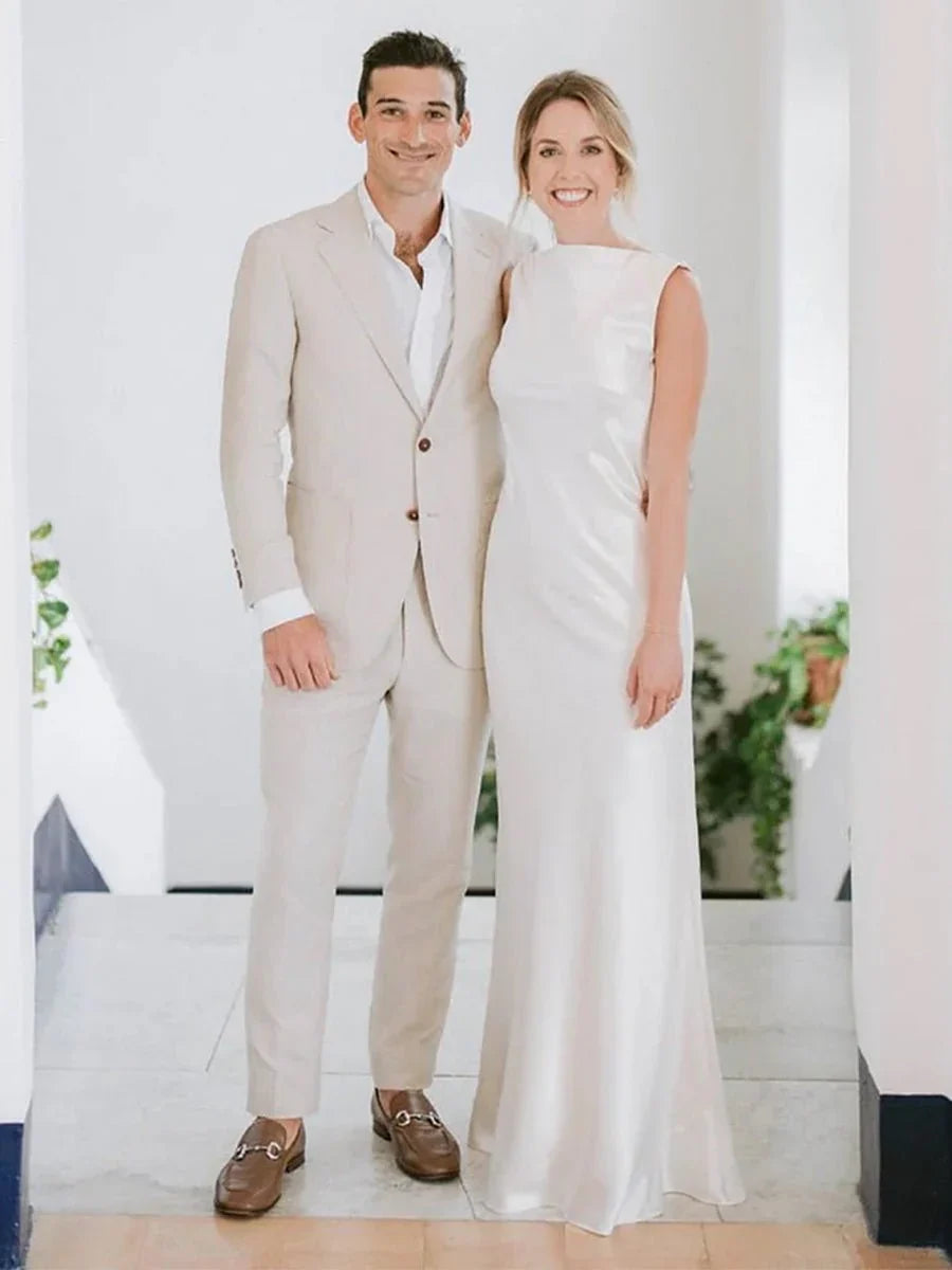 Sheath High Bateau Neck Backless Silk Satin Wedding Dress