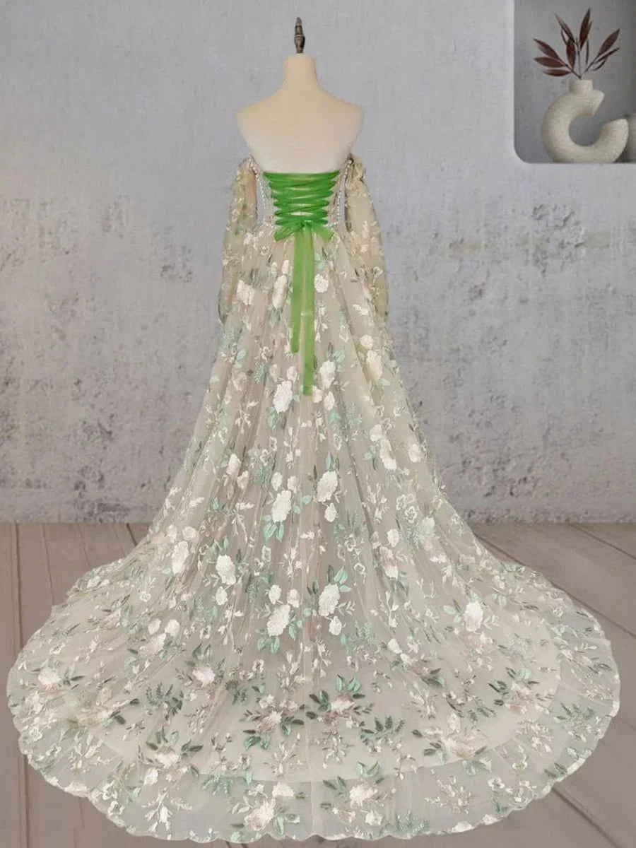 A Line Light Green Sweetheart Pearl Wedding Dress