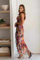 Rust Floral Ruffled Slit Dress
