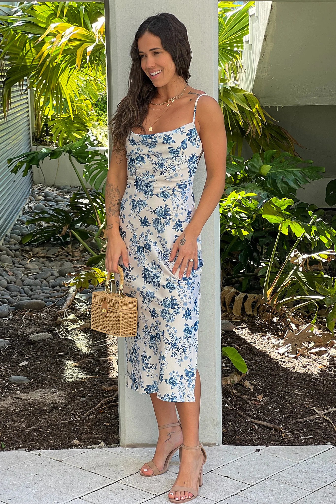 Ivory And Blue Floral Cowl Neck Midi Dress