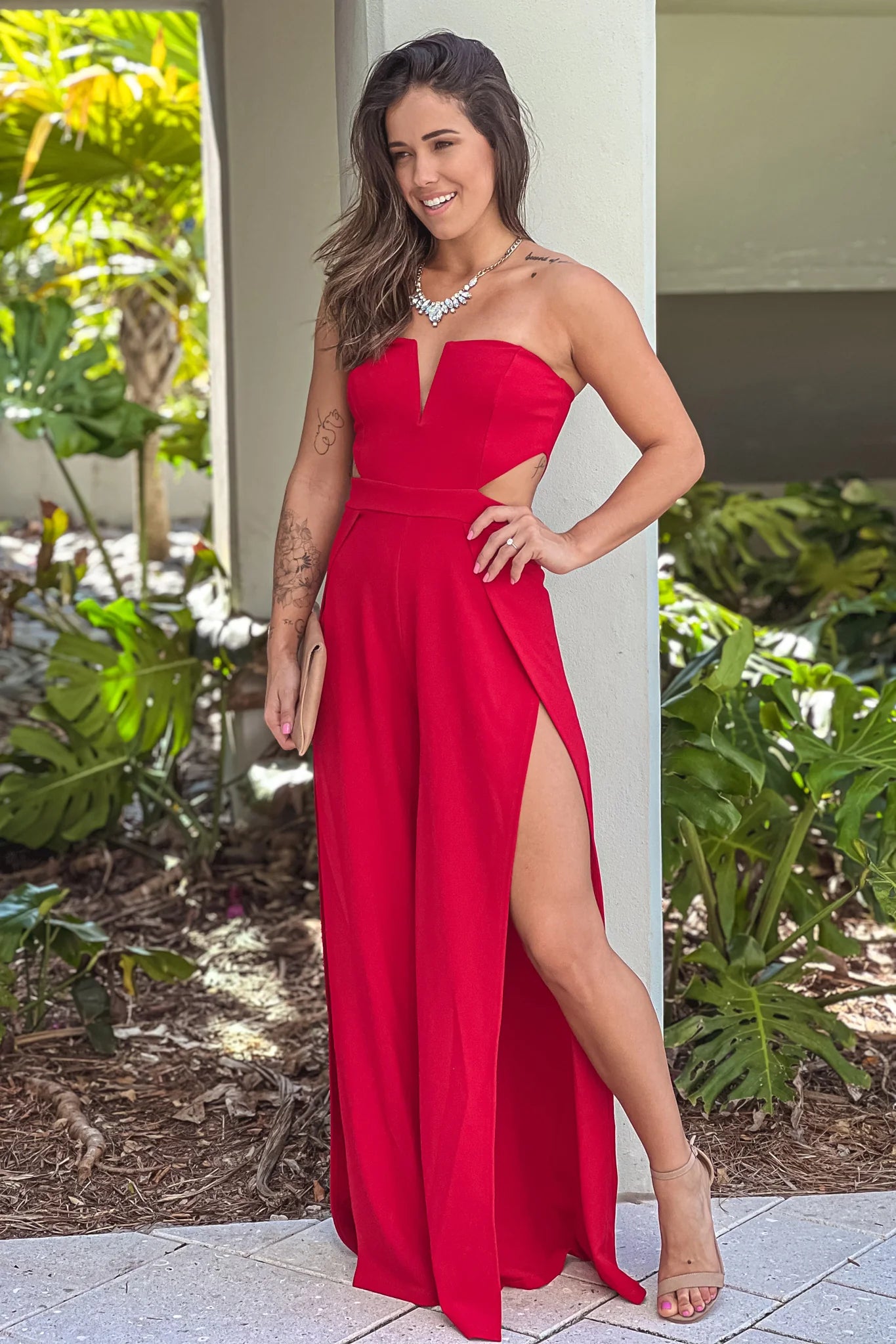 Red Jumpsuit With Cut Outs And Slits